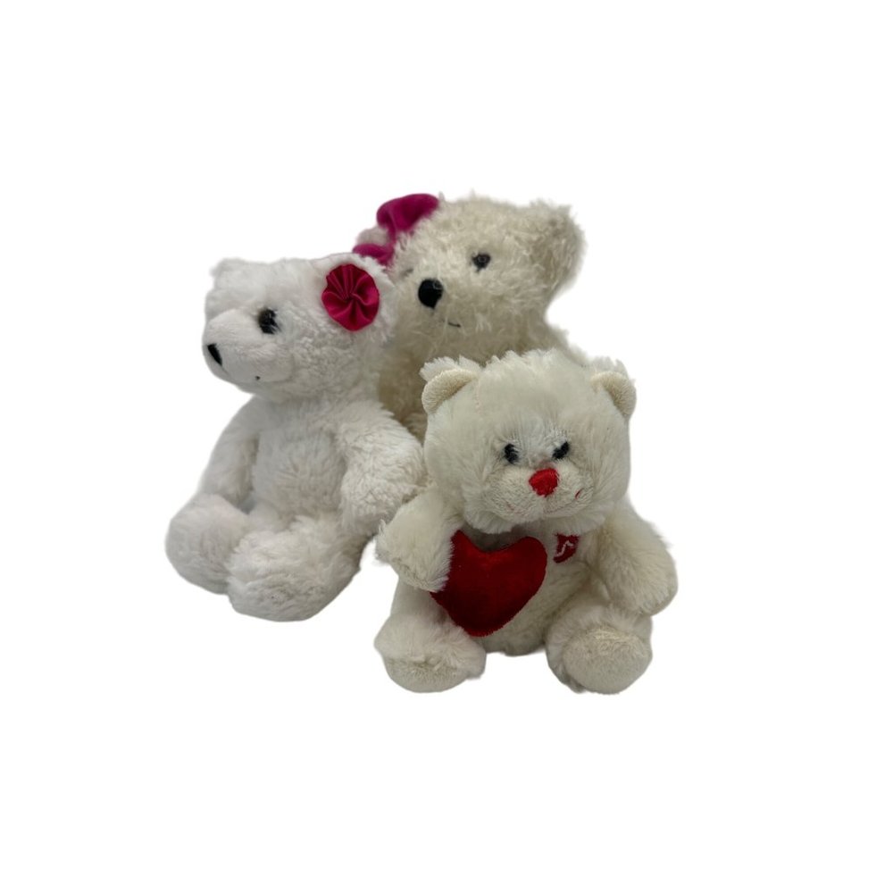 Lot of 3 White and Pink Red Teddy Bears Various Sizes